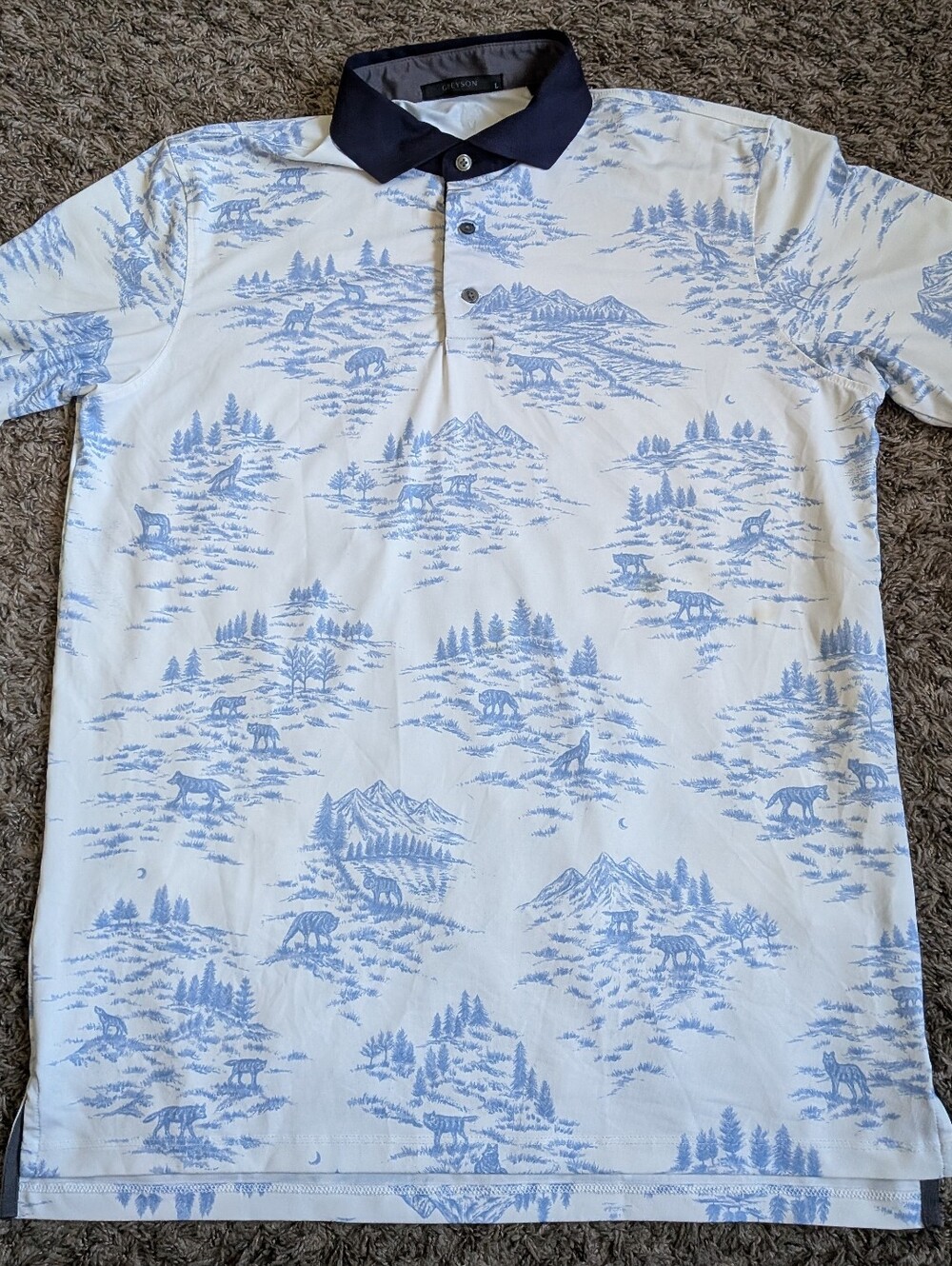 Greyson White & Blue Wild Wolves AOP Athletic Logo Polo Shirt Men's L